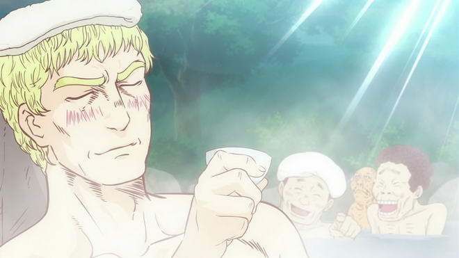 Lucius with japanese folks in onsen